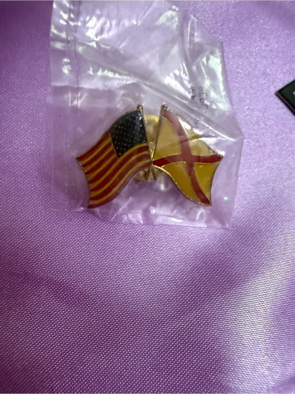 Patriotic American and Alabama Flag Lapel Pin Brooch - Gold Tone, Red, Blue